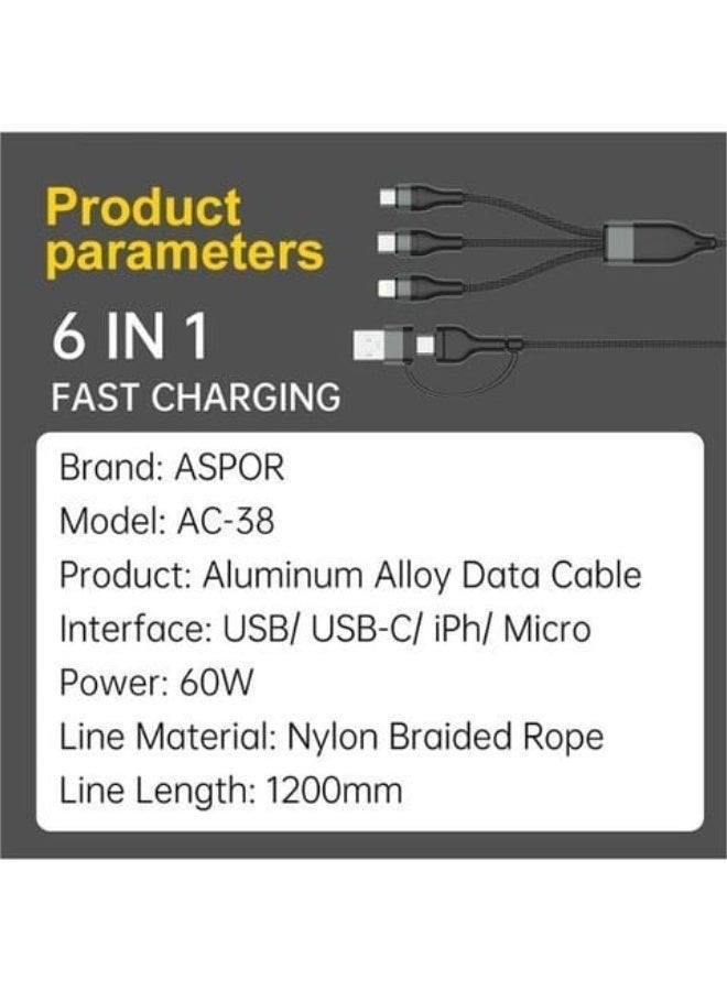 أسبور كابل Aspor AC-38 6 في 1 للشحن السريع ونقل البيانات بقدرة 60 واط (1.2 متر) - Image 4